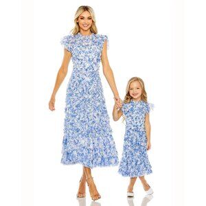 MAC DUGGAL 8215 Girls Kids Size 4 Blue White Floral Ruffle Tulle Party Dress